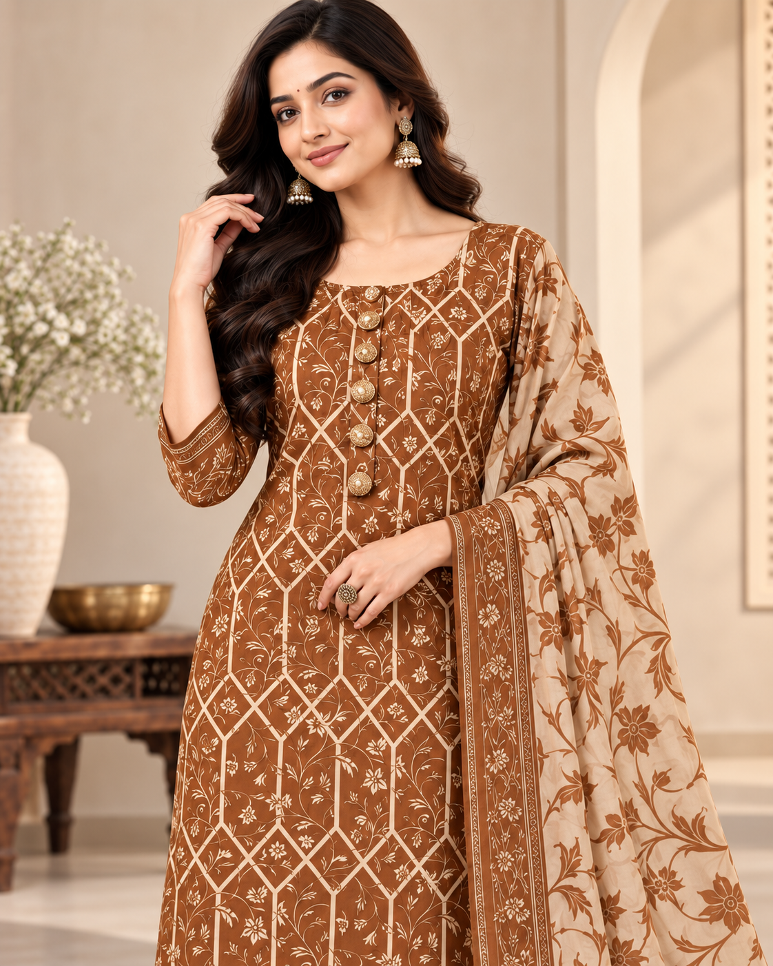 A woman models a traditional Indian salwar kameez suit set in a warm beige and brown tone. The kurta features intricate brown geometric and floral embroidery on a beige base, paired with matching brown trousers and a sheer beige dupatta with a wide brown floral border.