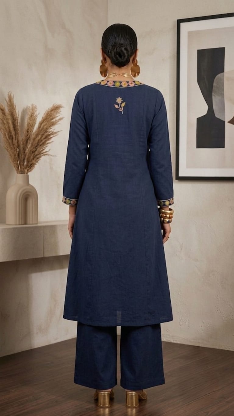 Designer Dabu Cotton Blue Co-ord Set With Embroidery work