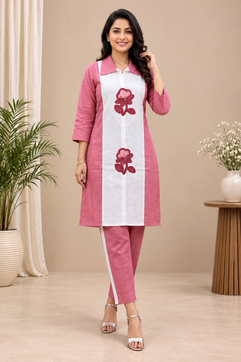 A woman modeling a pink and white kurta set with embroidered rose motifs on the front panel, standing in a styled indoor setting with plants and a side table.