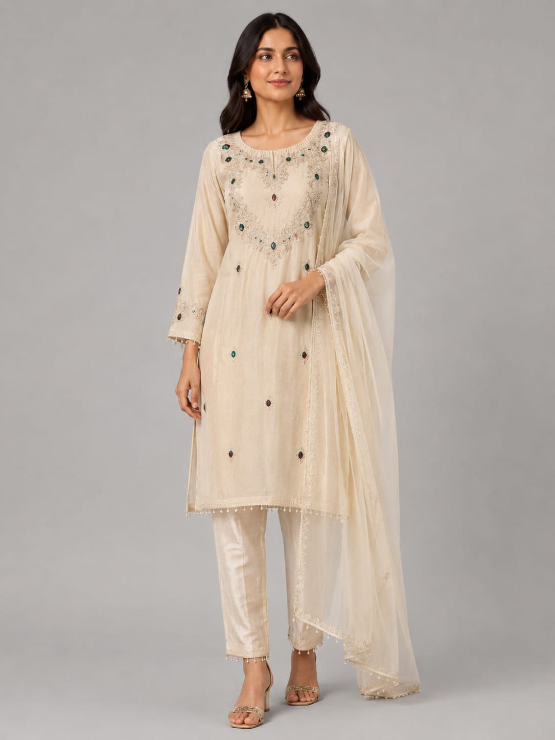 Women’s Ivory Shimmer Silk Embroidered Kurta Pant Set with Dupatta
