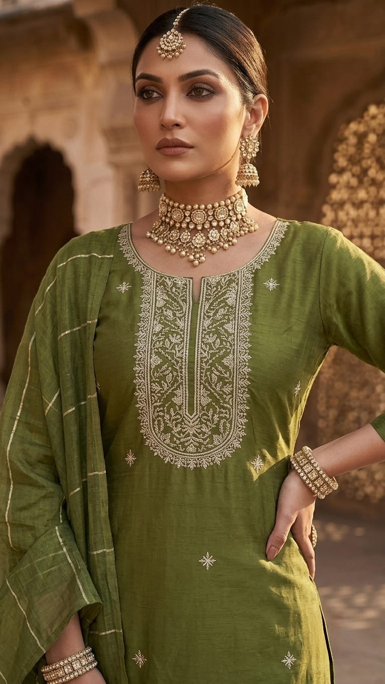 A woman models an olive green ethnic salwar kameez suit with matching dupatta in an outdoor architectural setting. The suit features silver embroidery on the neckline and hem, paired with olive green trousers.