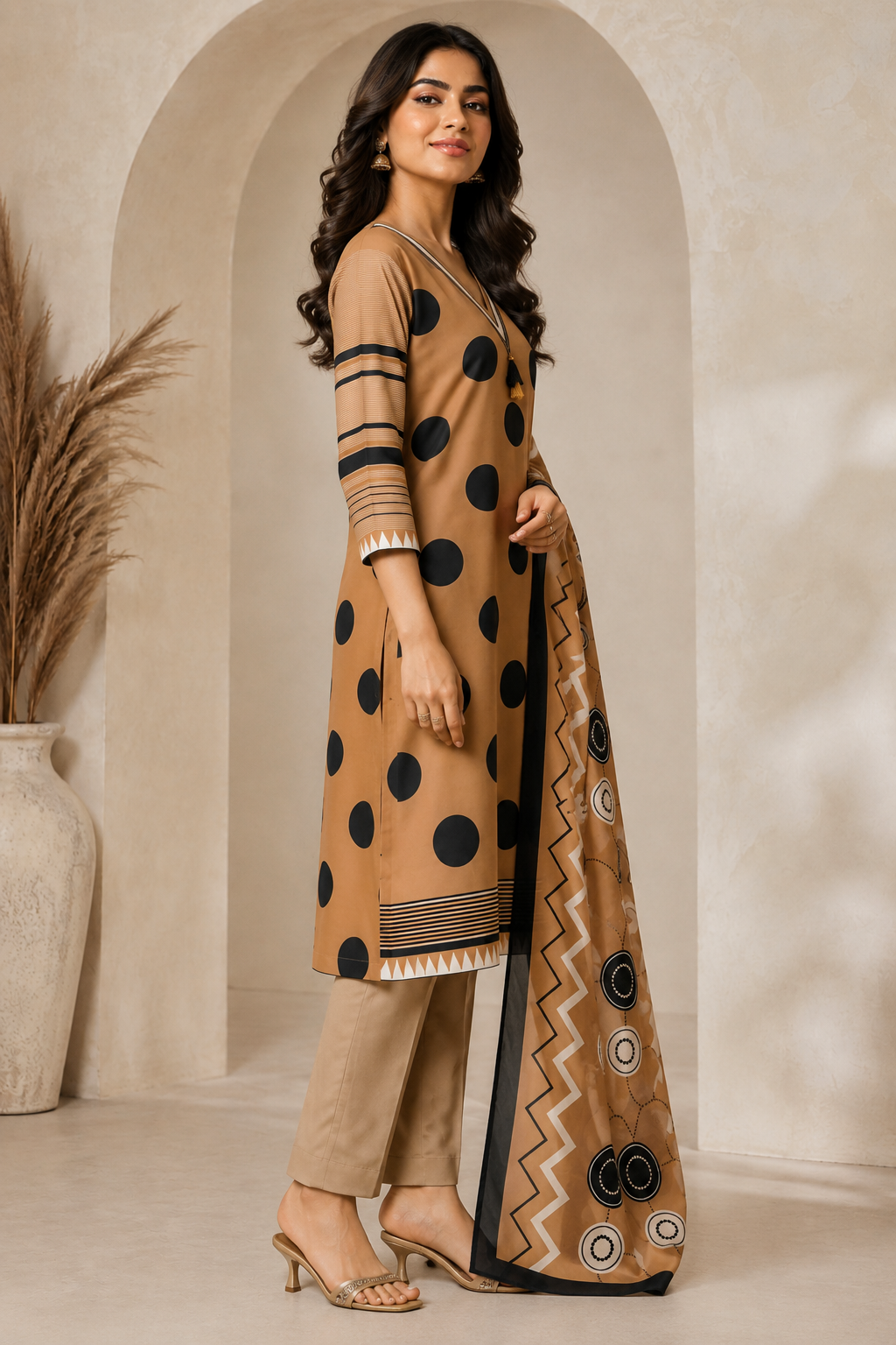 Women’s Brown & Black Polka Dot Printed Rayon Kurta Set with Printed Dupatta
