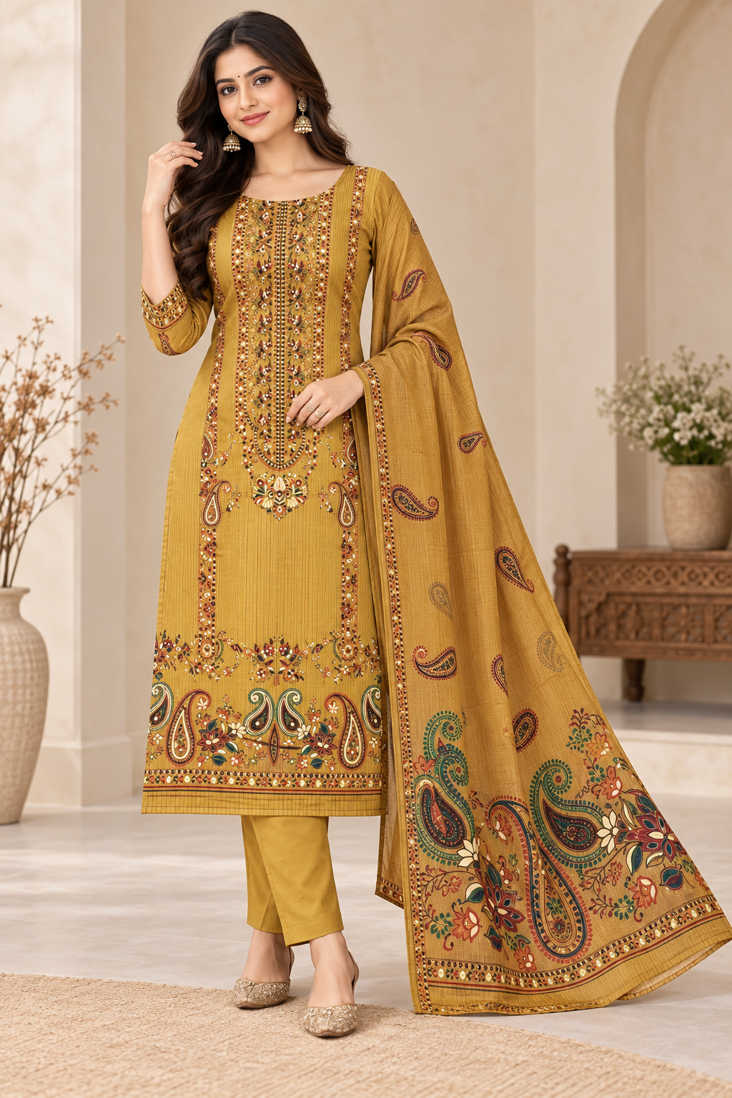 A woman models a mustard yellow ethnic salwar kameez suit with intricate multicolor embroidery and a matching paisley dupatta in a beautifully decorated indoor setting.