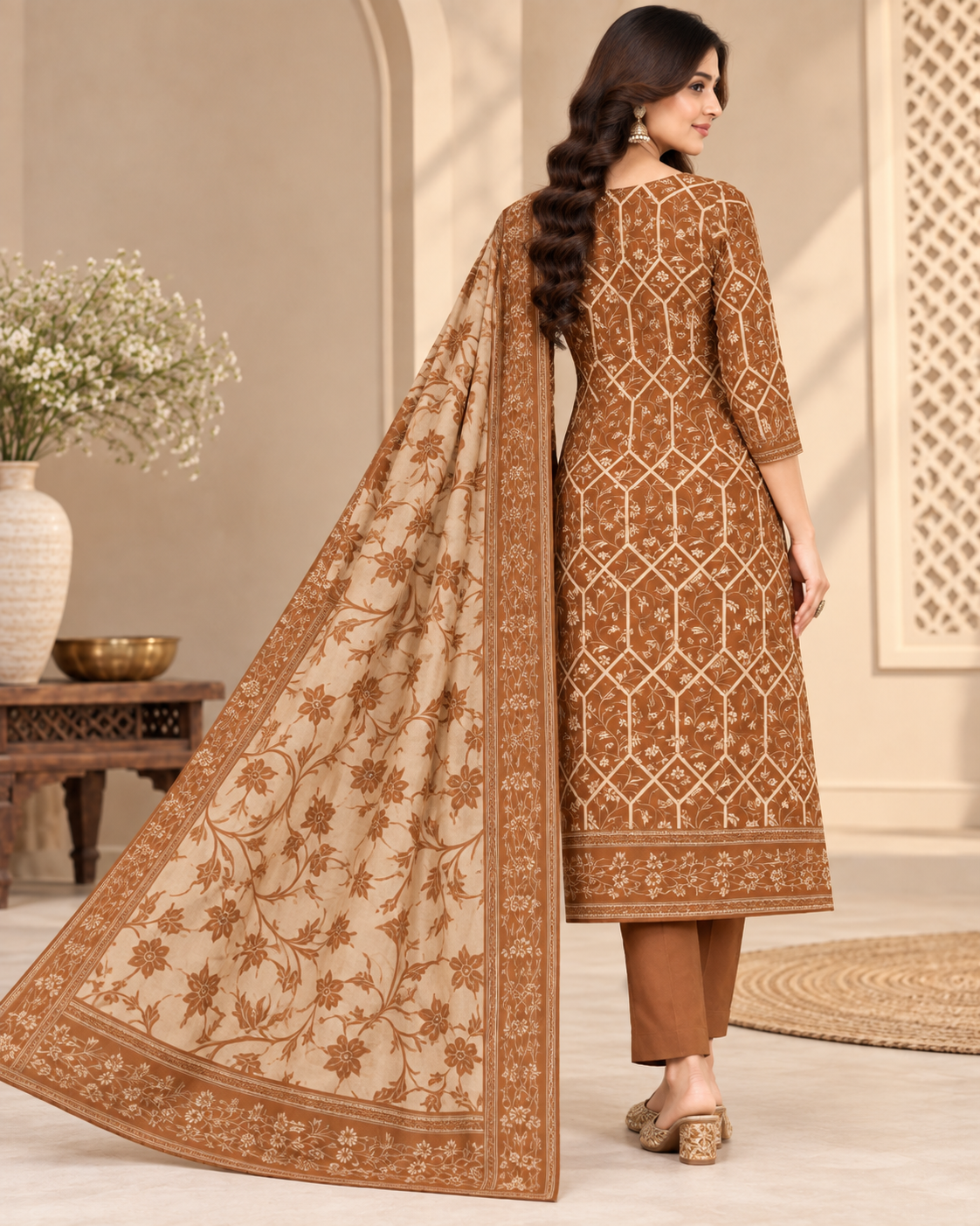 A woman models a traditional Indian salwar kameez suit set in a warm beige and brown tone. The kurta features intricate brown geometric and floral embroidery on a beige base, paired with matching brown trousers and a sheer beige dupatta with a wide brown floral border.