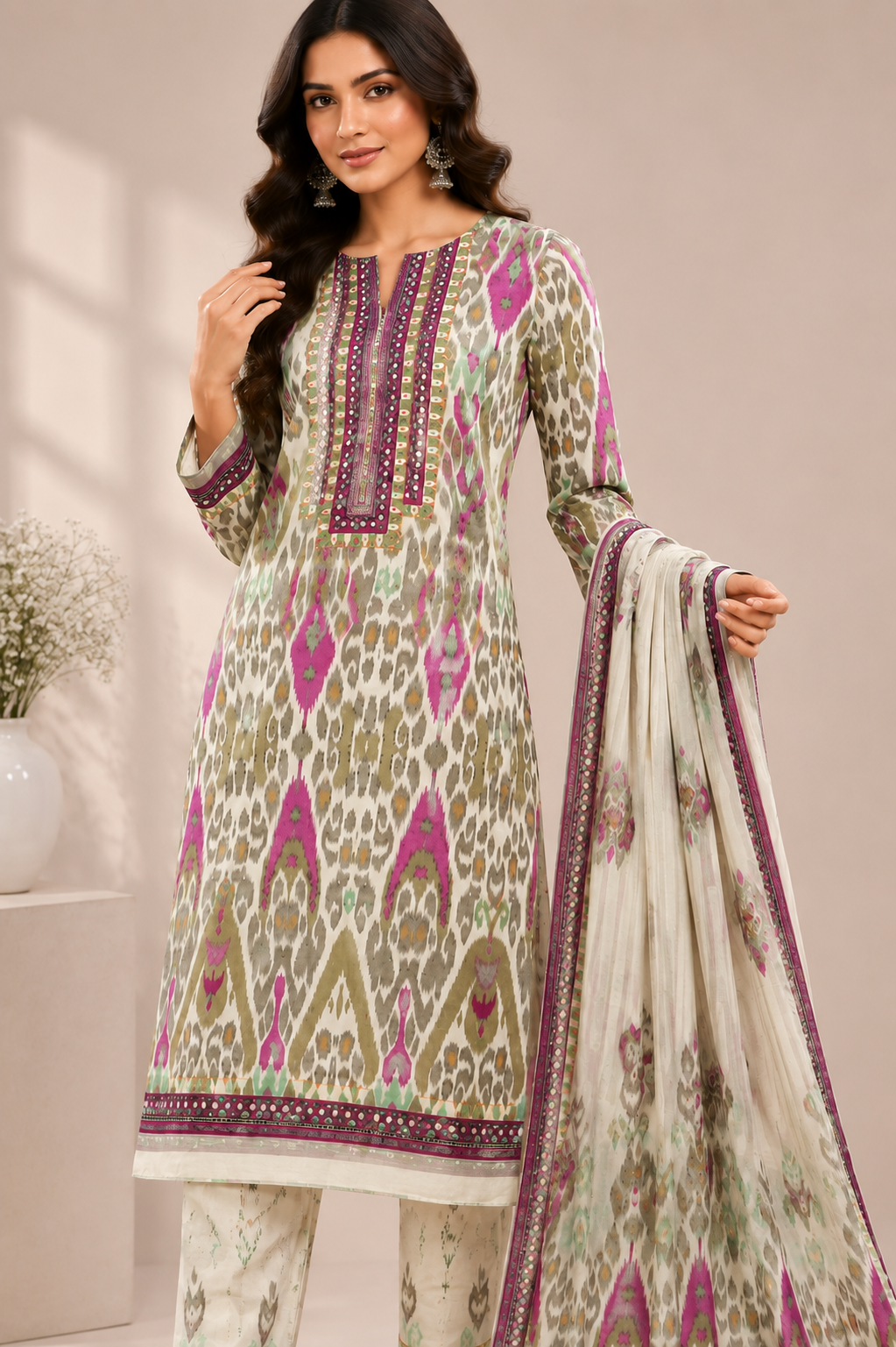 Women’s Multicolor Printed Unstitched Suit Set with Embroidered Neck, Matching Pants & Dupatta