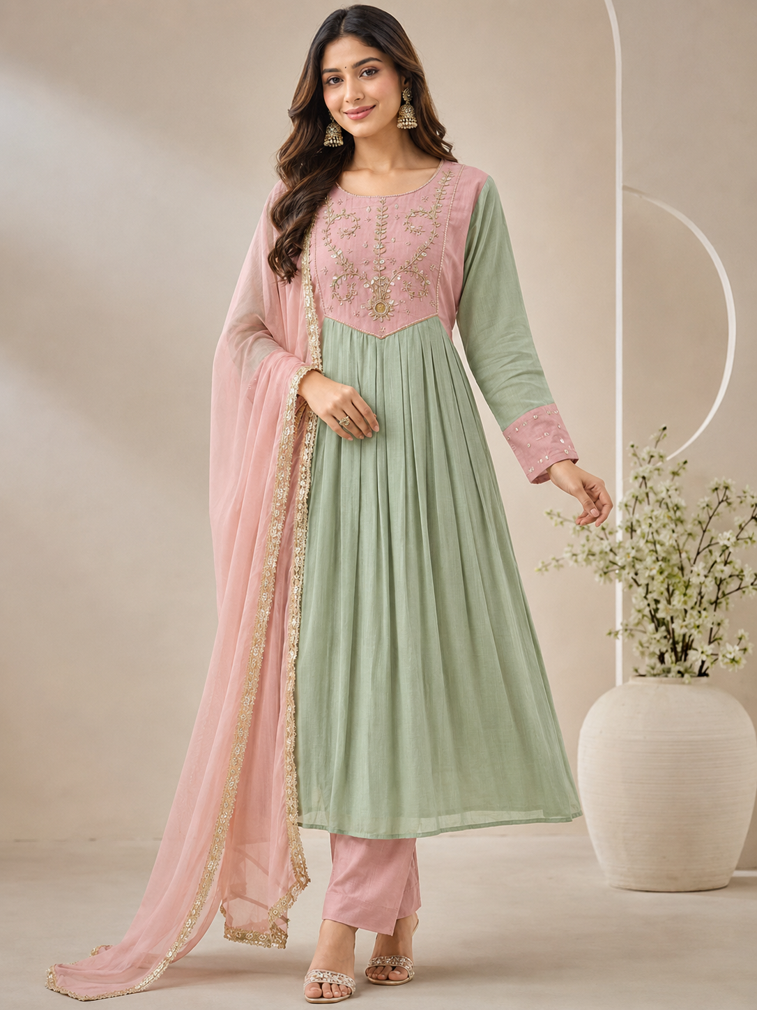 Women’s Pink & Green Alankari Style Embroidered Mul Chanderi Kurta Set with Dupatta