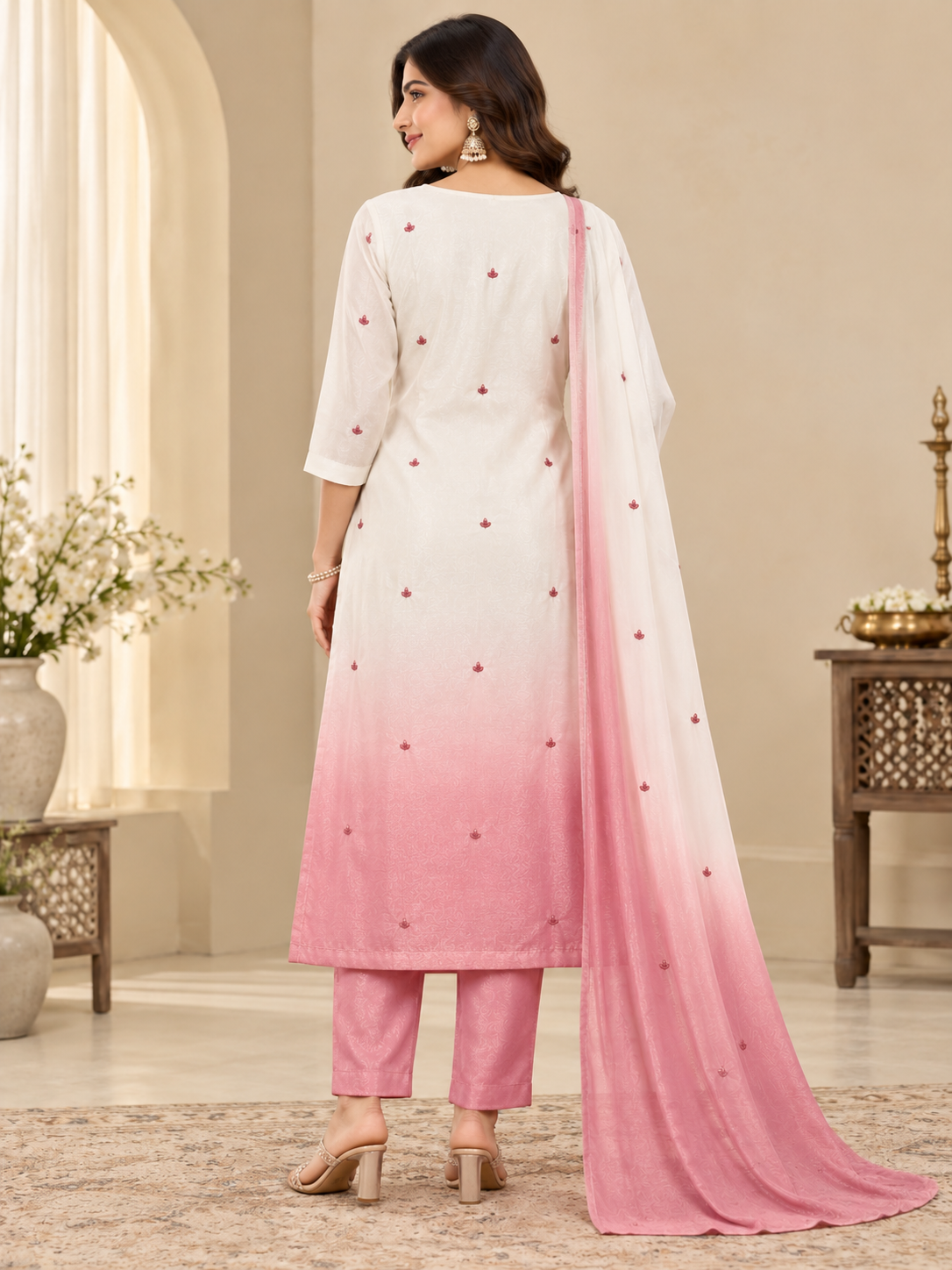 Women’s Off-White and Pink Embroidered Readymade Suit Set with Matching Pant & Dupatta | 3 Piece Ethnic Wear Set