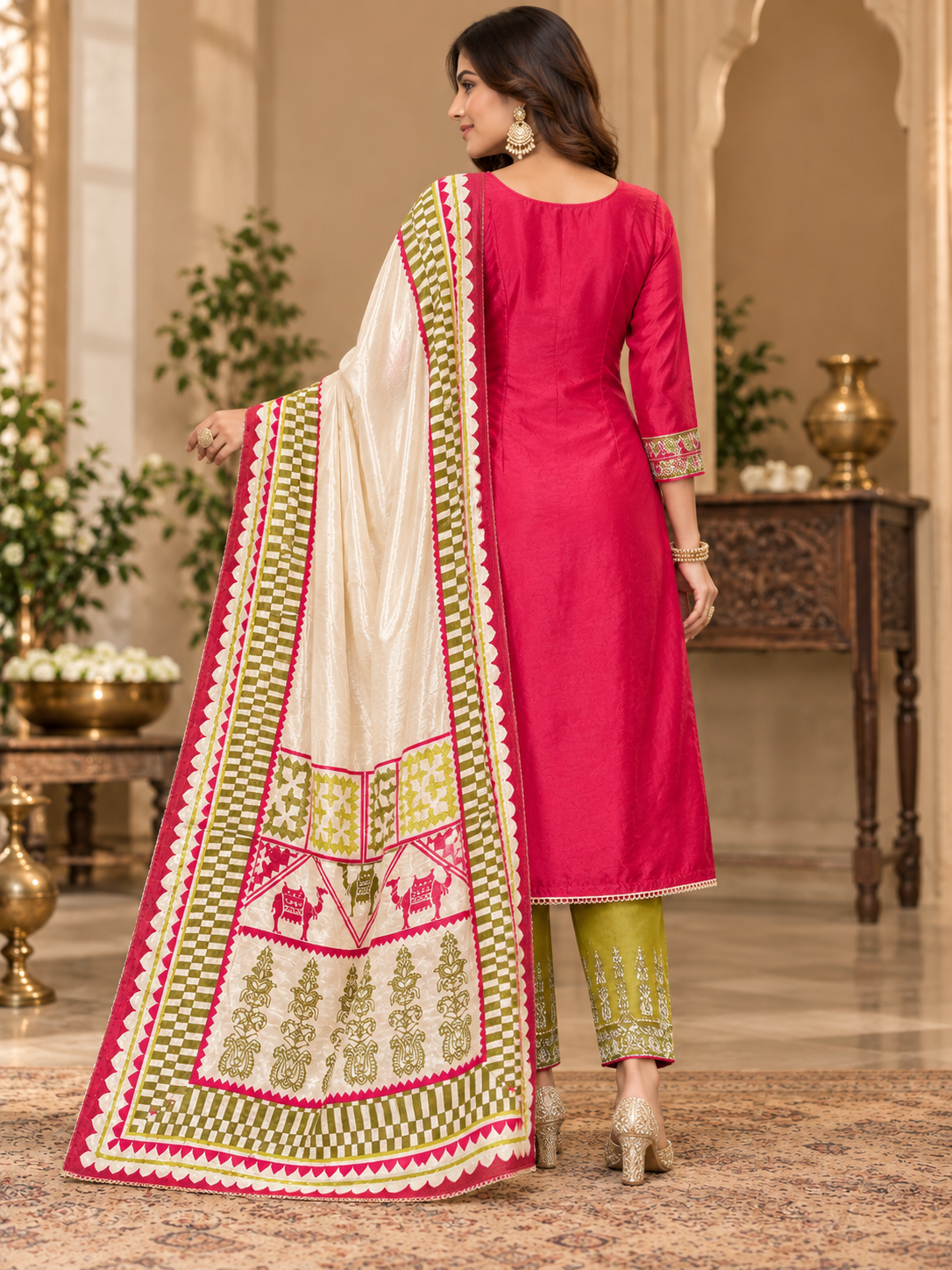 A woman models a traditional Indian salwar kameez suit in a grand indoor setting. The outfit features a bright pink kameez jacket with green and white geometric embroidery, matching olive green trousers, and a large cream-colored dupatta with detailed pink and green border patterns.