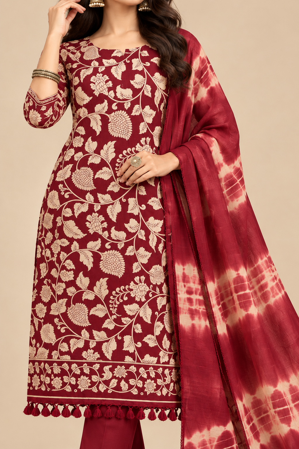 A woman models a traditional Indian salwar kameez suit set in maroon and beige. The set includes a heavily embroidered kameez tunic, matching trousers, and a tie-dye patterned dupatta with tassels, set against a warm beige studio background with a wooden side table and vase.v