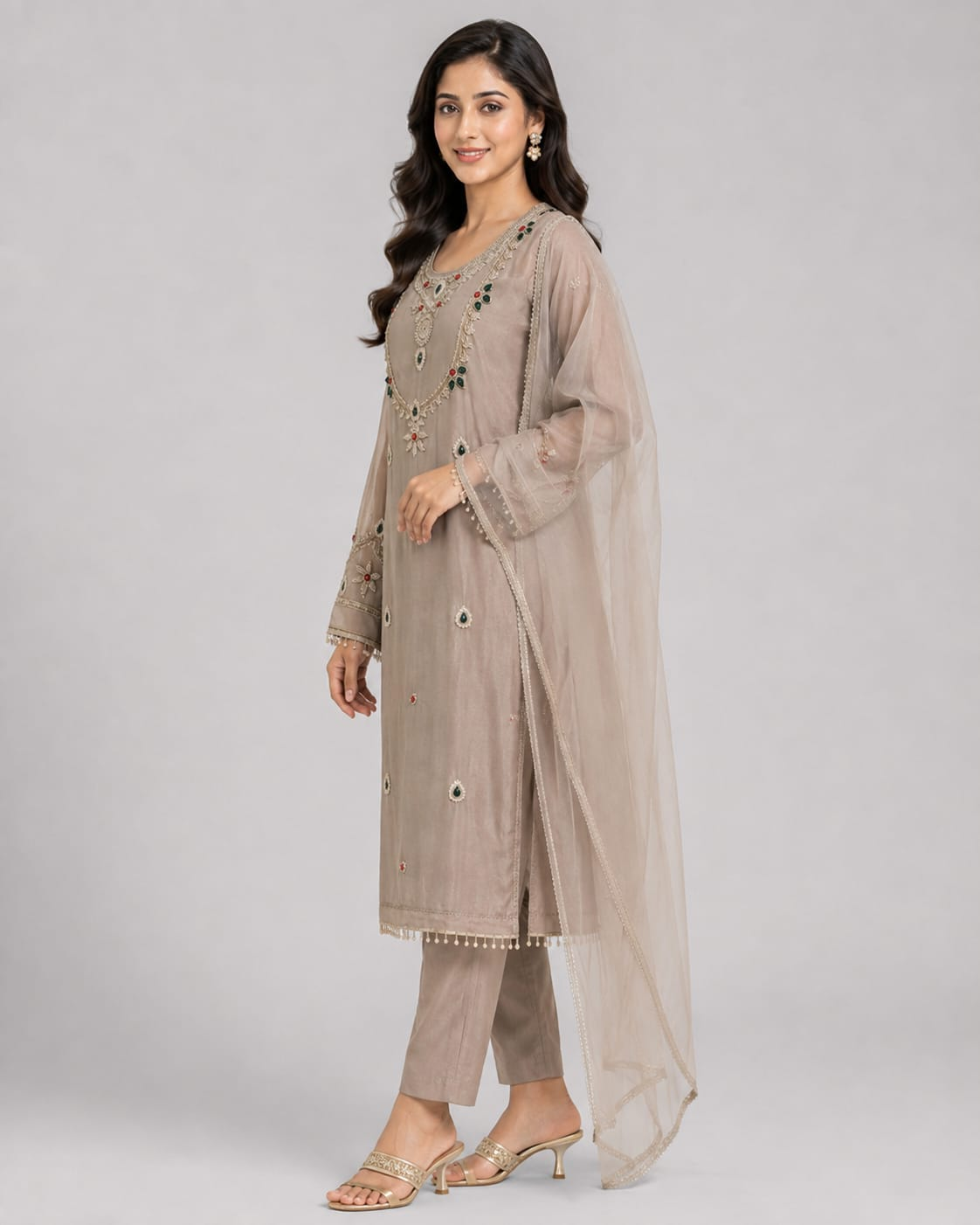 Women’s Beige Embroidered Kora Silk Kurta Set with Organza Dupatta
