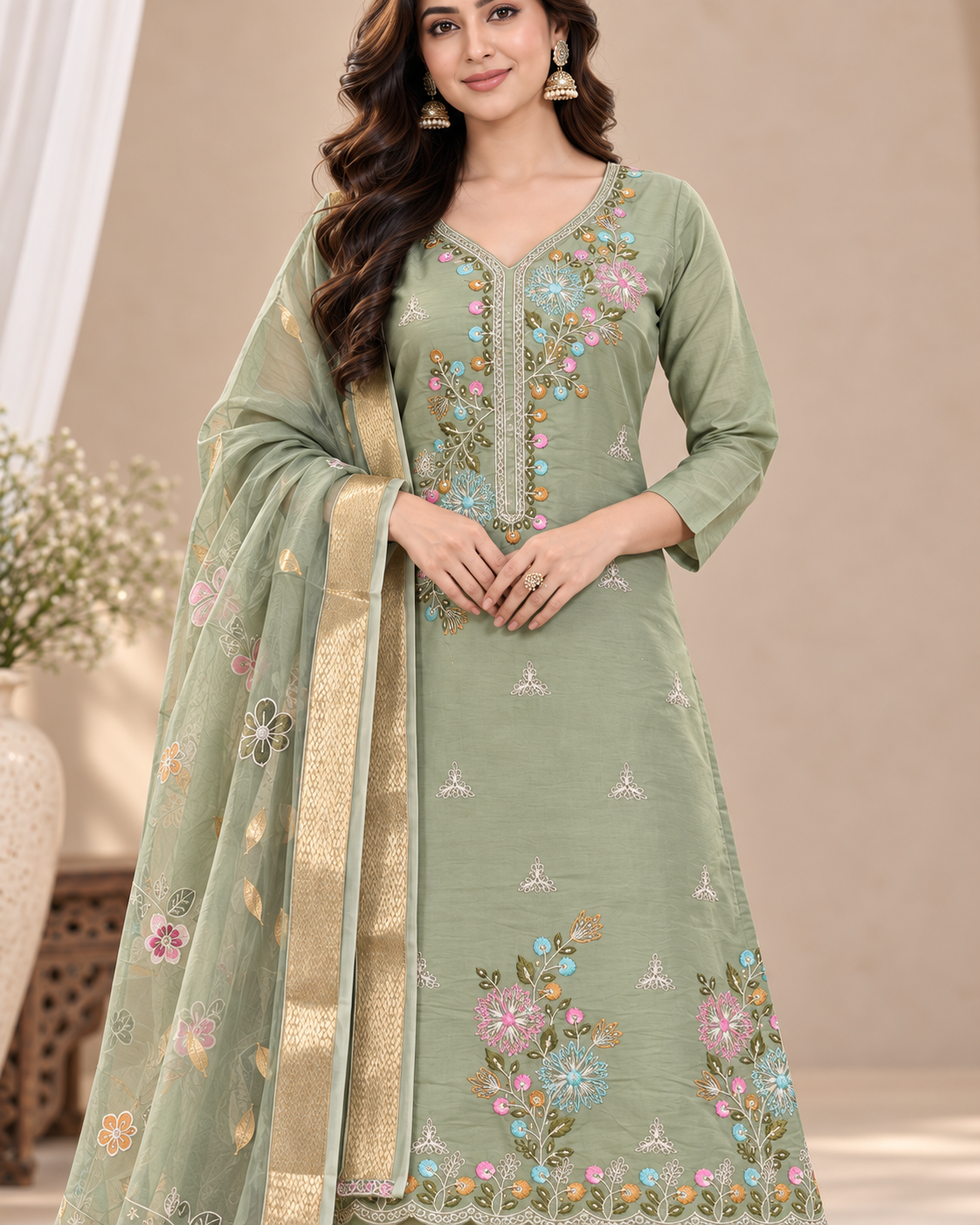 Sage Green Floral Embroidered Suit Set, Designer 3-Piece Salwar Suit with Embroidered Dupatta