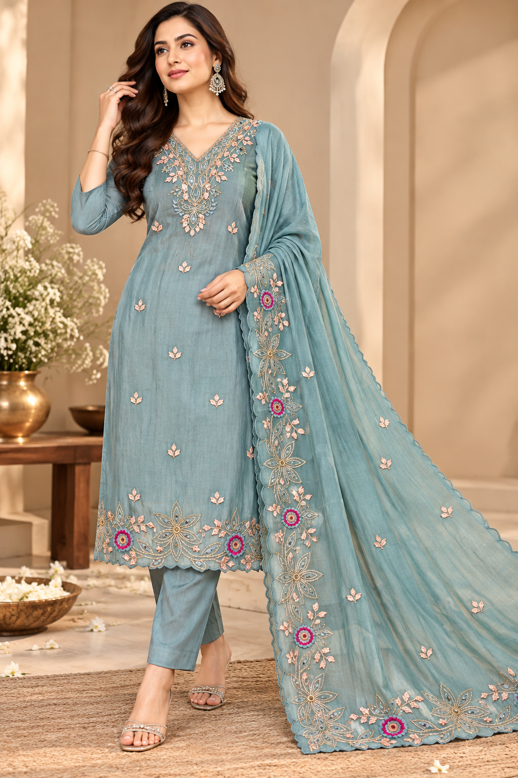 A woman models a light blue-green ethnic salwar kameez suit with intricate floral embroidery in gold, pink, and white, paired with matching trousers and a sheer dupatta, set against a warm beige architectural background.