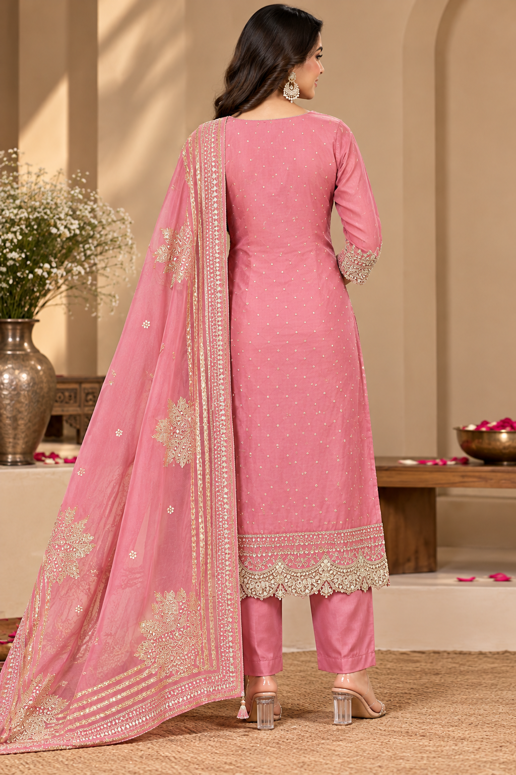Dusty Pink Designer Unstitched Suit with Embroidered Dupatta | Elegant Ethnic Party Wear Suit