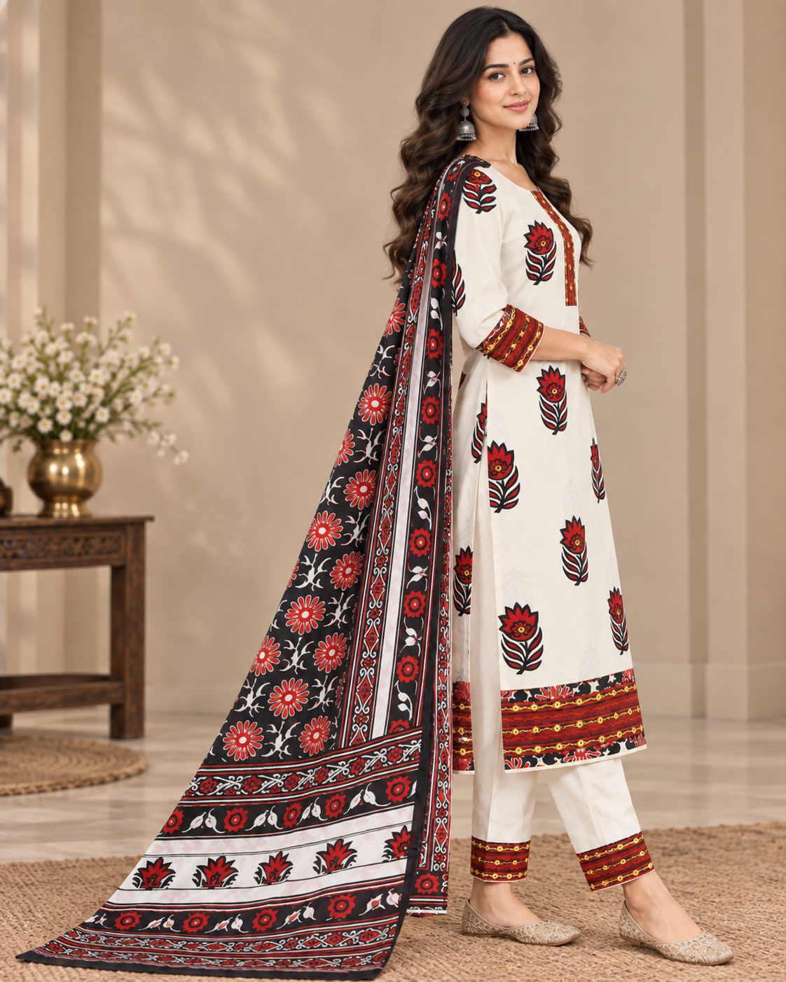 Black & Red Floral Printed Dupatta Dress Materia, Designer Fabric Printed Suit Material with Dupatta | Ethnic Dress Material