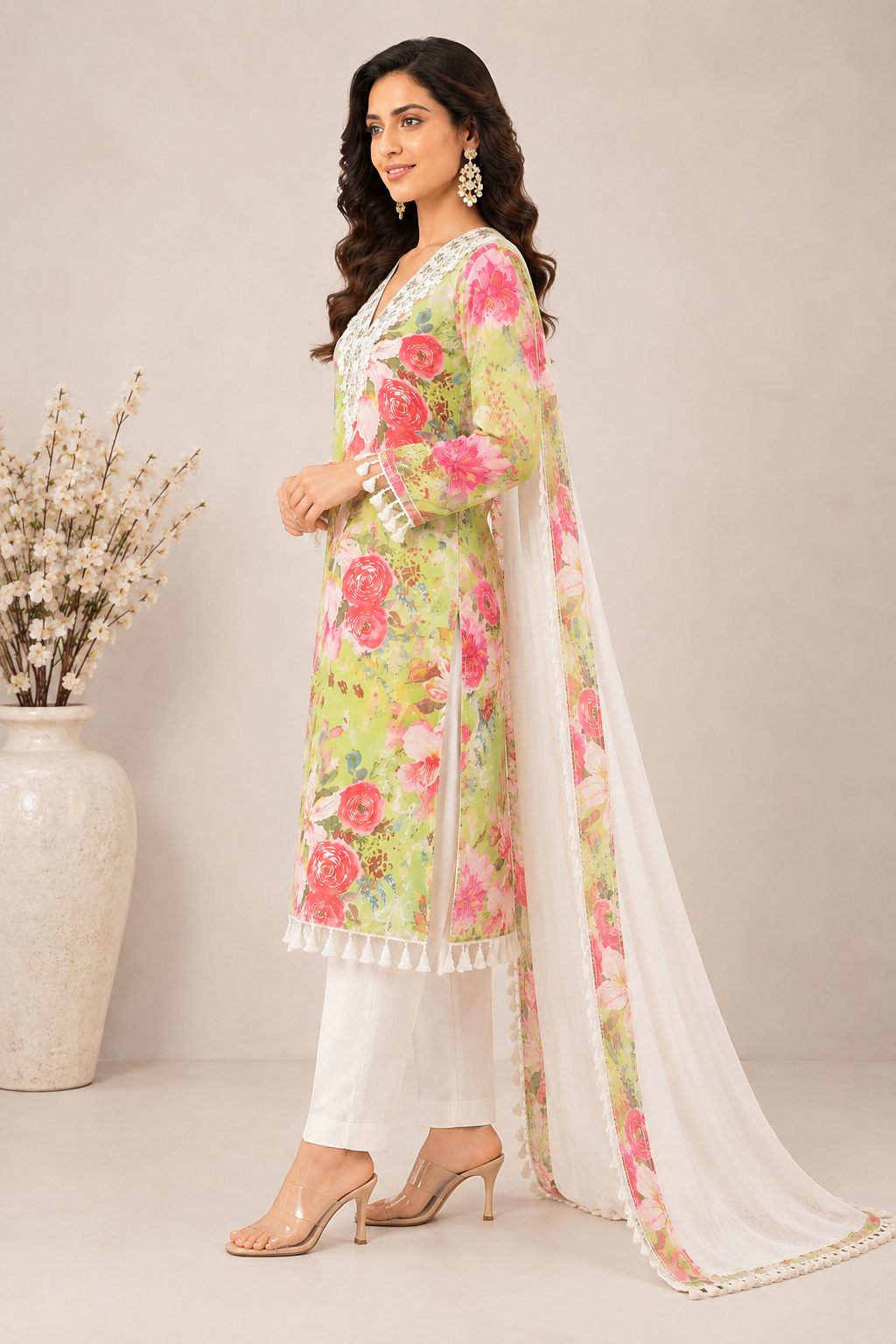 Women’s Lime Floral Handwork Embroidered Cotton Kurta Set with Dupatta