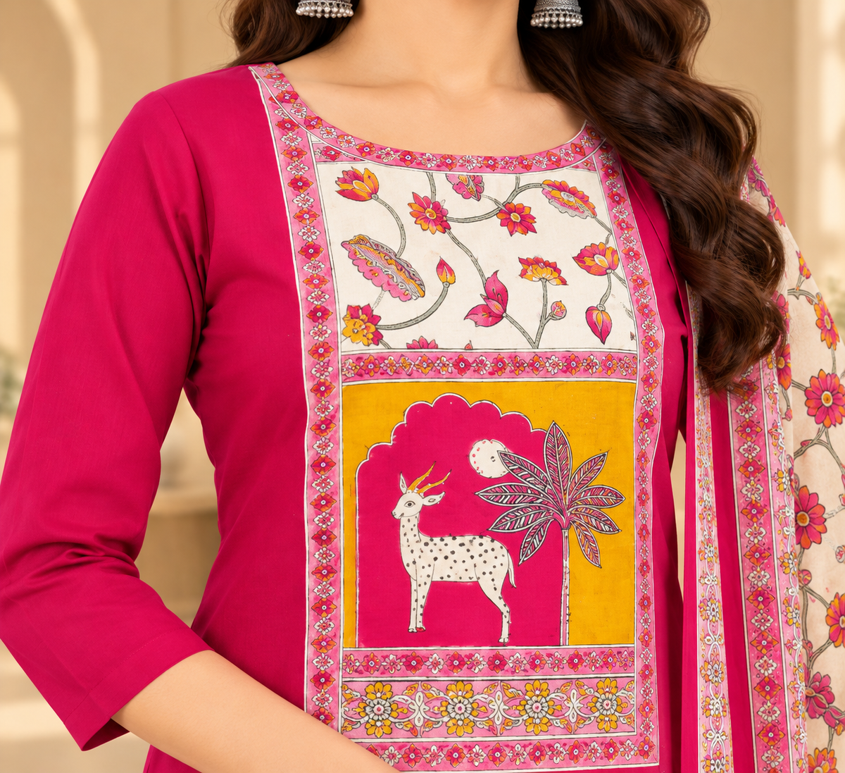 Women’s Rani Pink Printed Ethnic Suit Set with Cream Floral Dupatta, Deer Motif Front Design and Matching Bottom