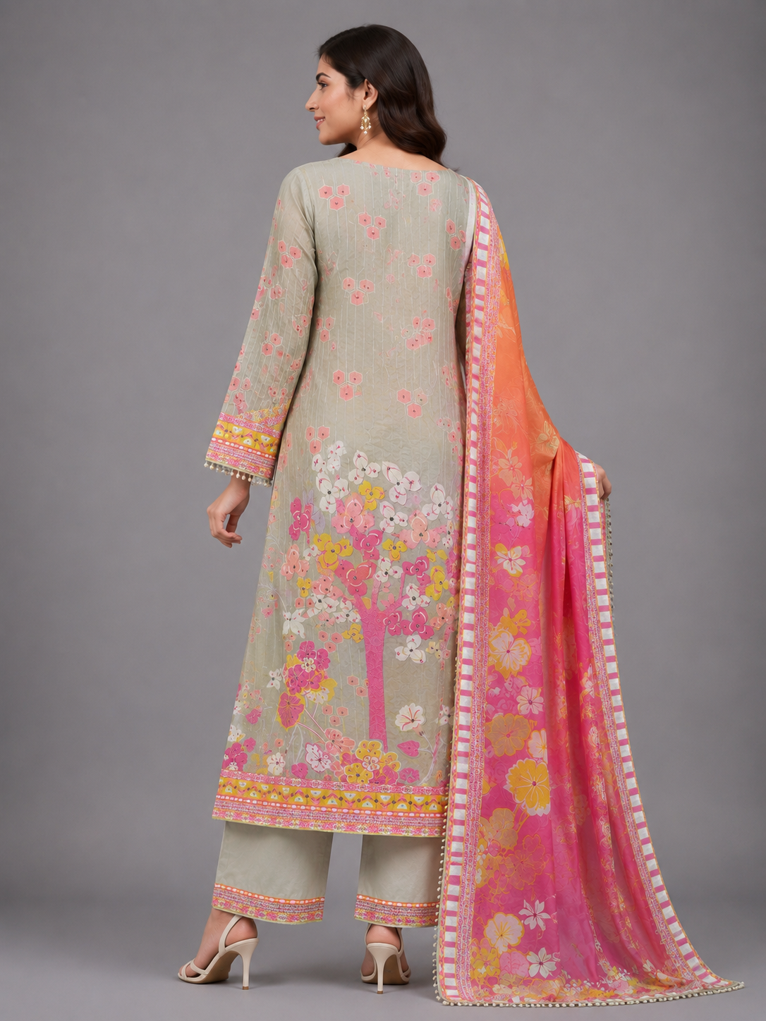 Sage Grey Floral Printed Cotton Unstitched Kurta Dress Material with Embroidered Neckline & Pink Dupatta