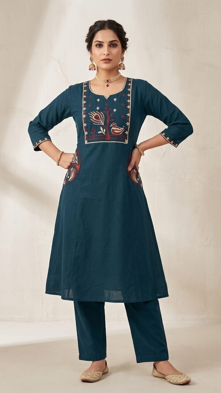 Designer Dabu Cotton Bottle Green Co-ord Set With Embroidery work