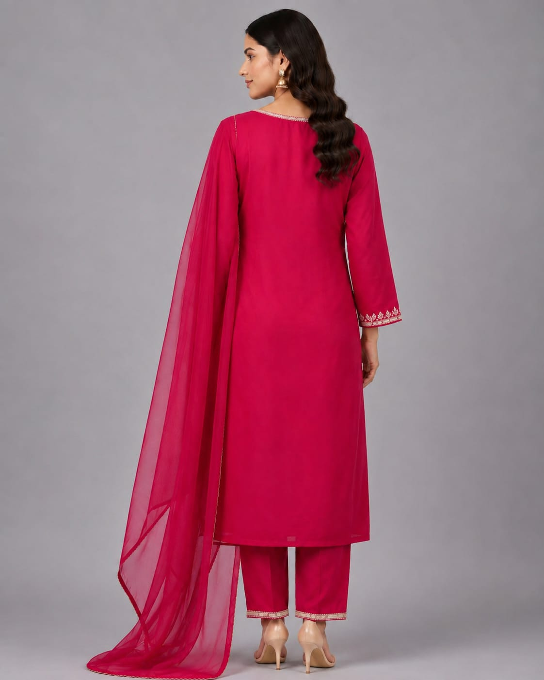 Women’s Rani Pink Embroidered Roman Silk Kurta Set with Dupatta