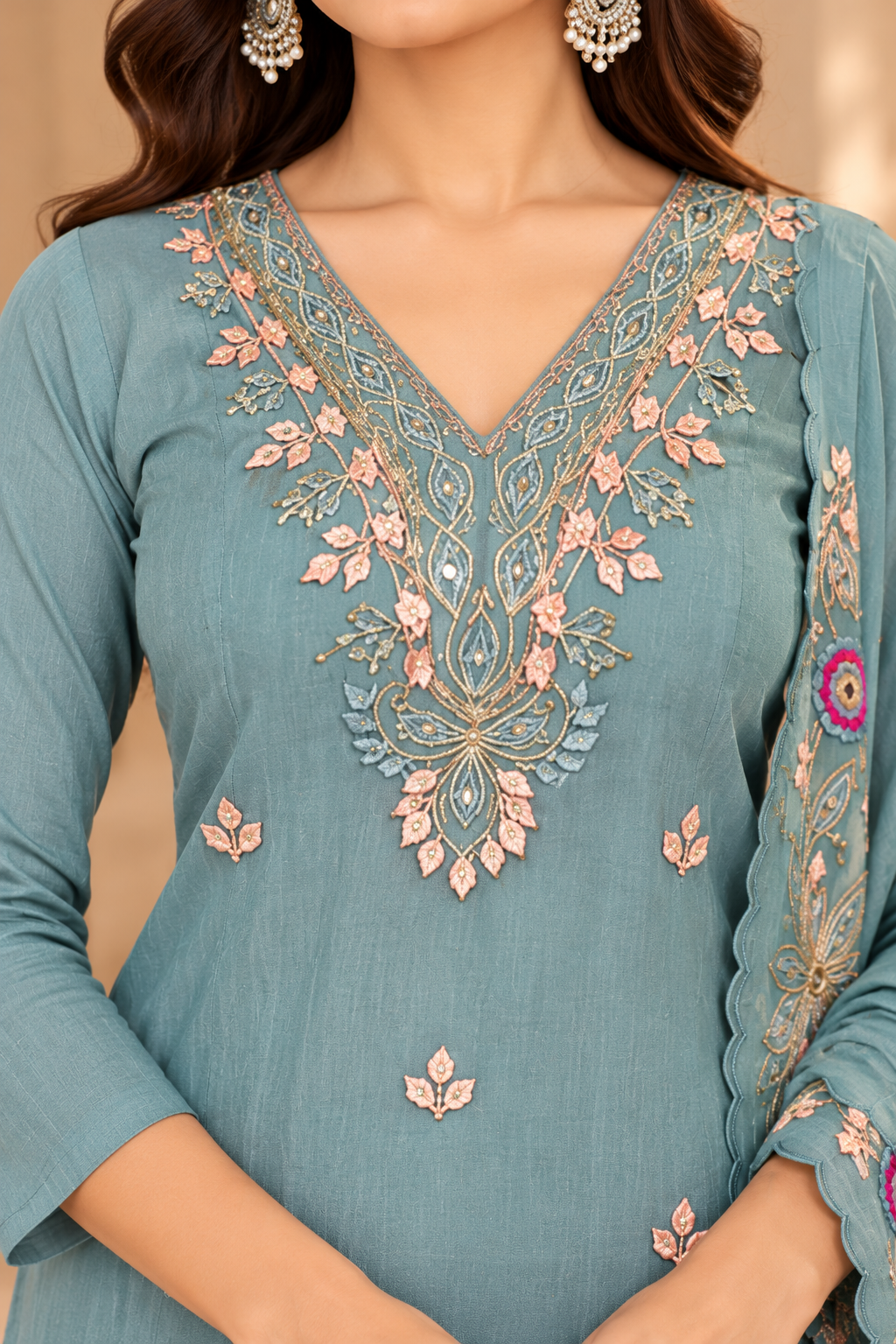 A woman models a light blue-green ethnic salwar kameez suit with intricate floral embroidery in gold, pink, and white, paired with matching trousers and a sheer dupatta, set against a warm beige architectural background.
