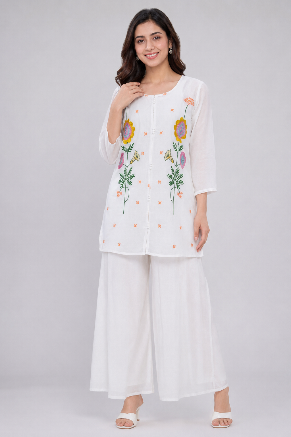 Women’s White Floral Embroidered Mul Chanderi Co-Ord Set with Matching Pants