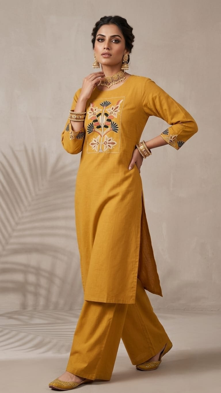 Designer Dabu Cotton Yellow Co-ord Set With Embroidery work