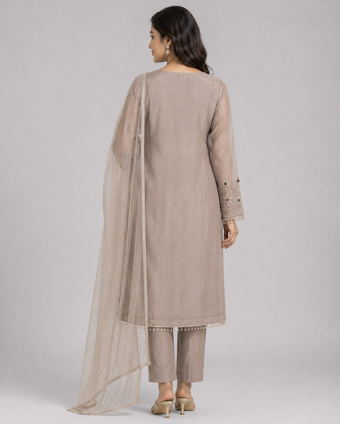 Women’s Beige Embroidered Kora Silk Kurta Set with Organza Dupatta