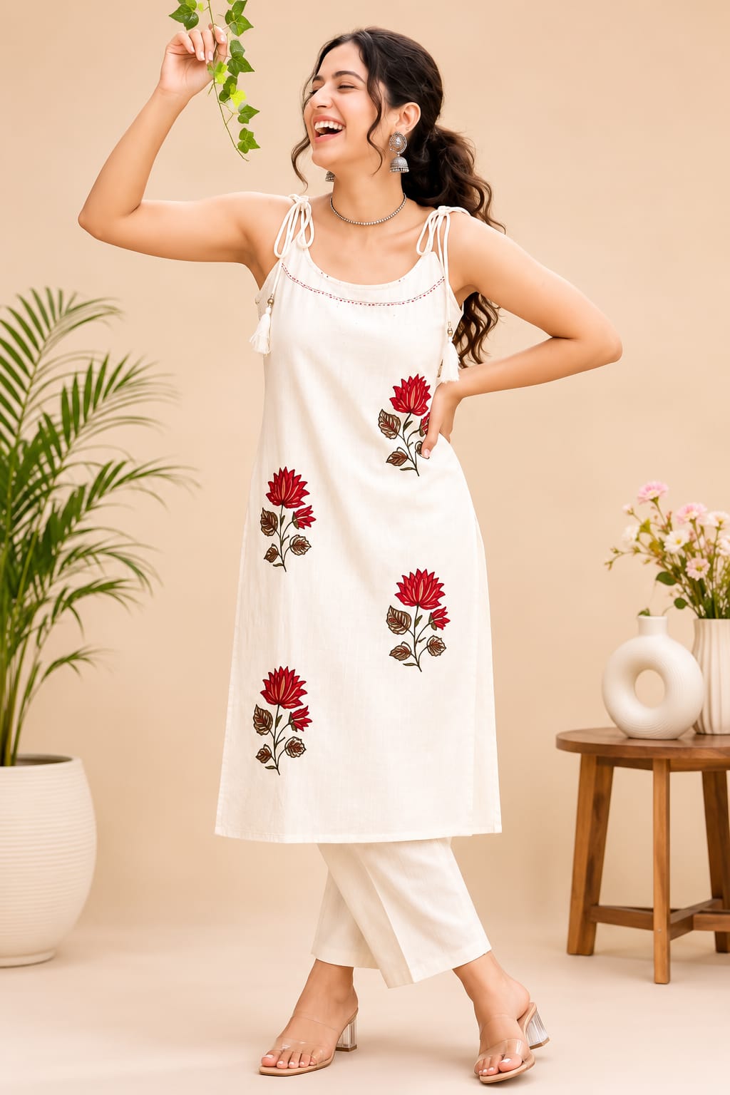 Red Floral Booty Ivery Cotton Co-ord Set For Women
