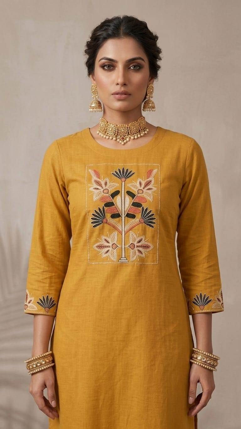Designer Dabu Cotton Yellow Co-ord Set With Embroidery work