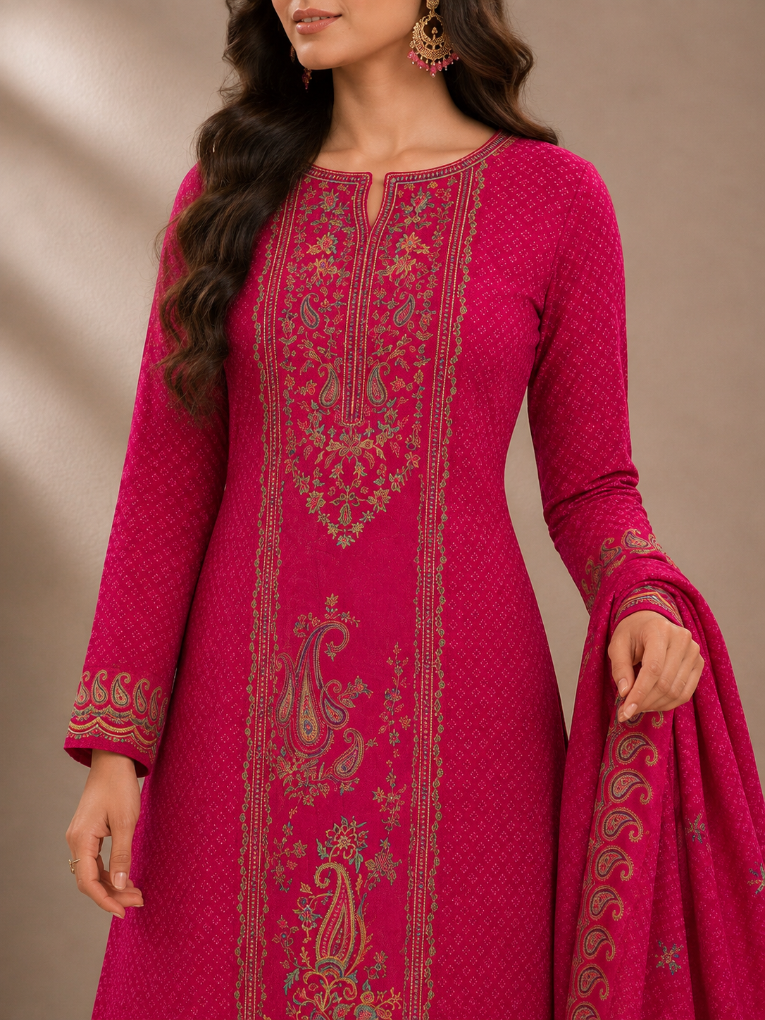 Women’s Magenta Printed Unstitched Suit Set with Designer Kurta, Matching Pants & Dupatta