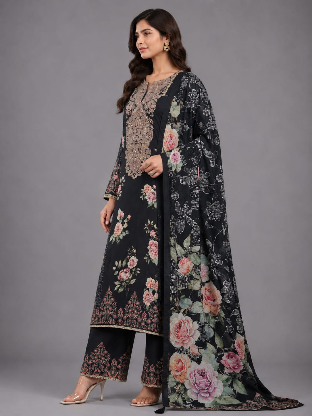 Black Rose Garden Printed Unstitched Suit Set