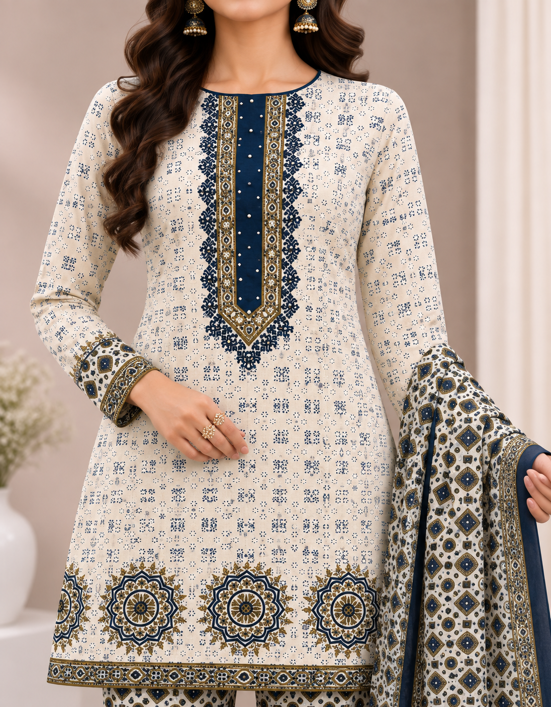 Women’s Cream & Navy Printed Unstitched Suit Set with Matching Pants & Dupatta
