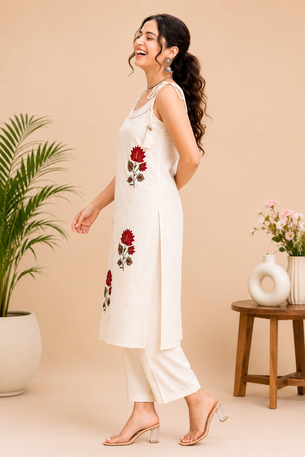 Red Floral Booty Ivery Cotton Co-ord Set For Women