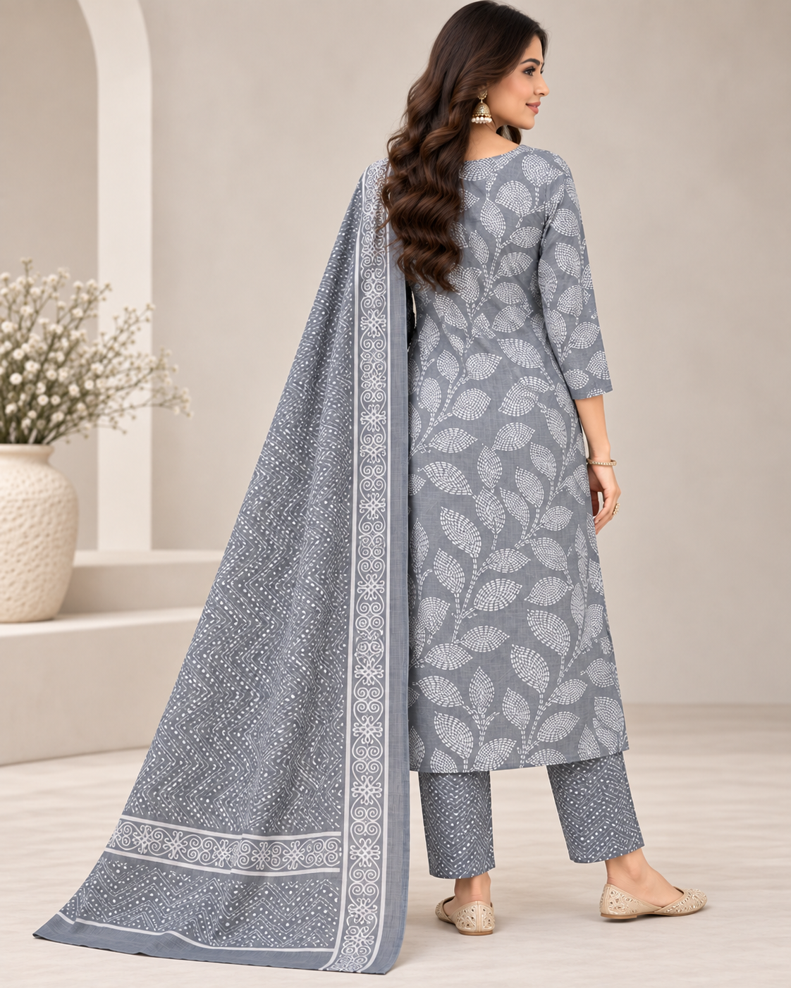 Women Grey Floral Printed Unstitched 3-Piece Suit Set with Printed Kurta, Matching Bottom & Dupatta