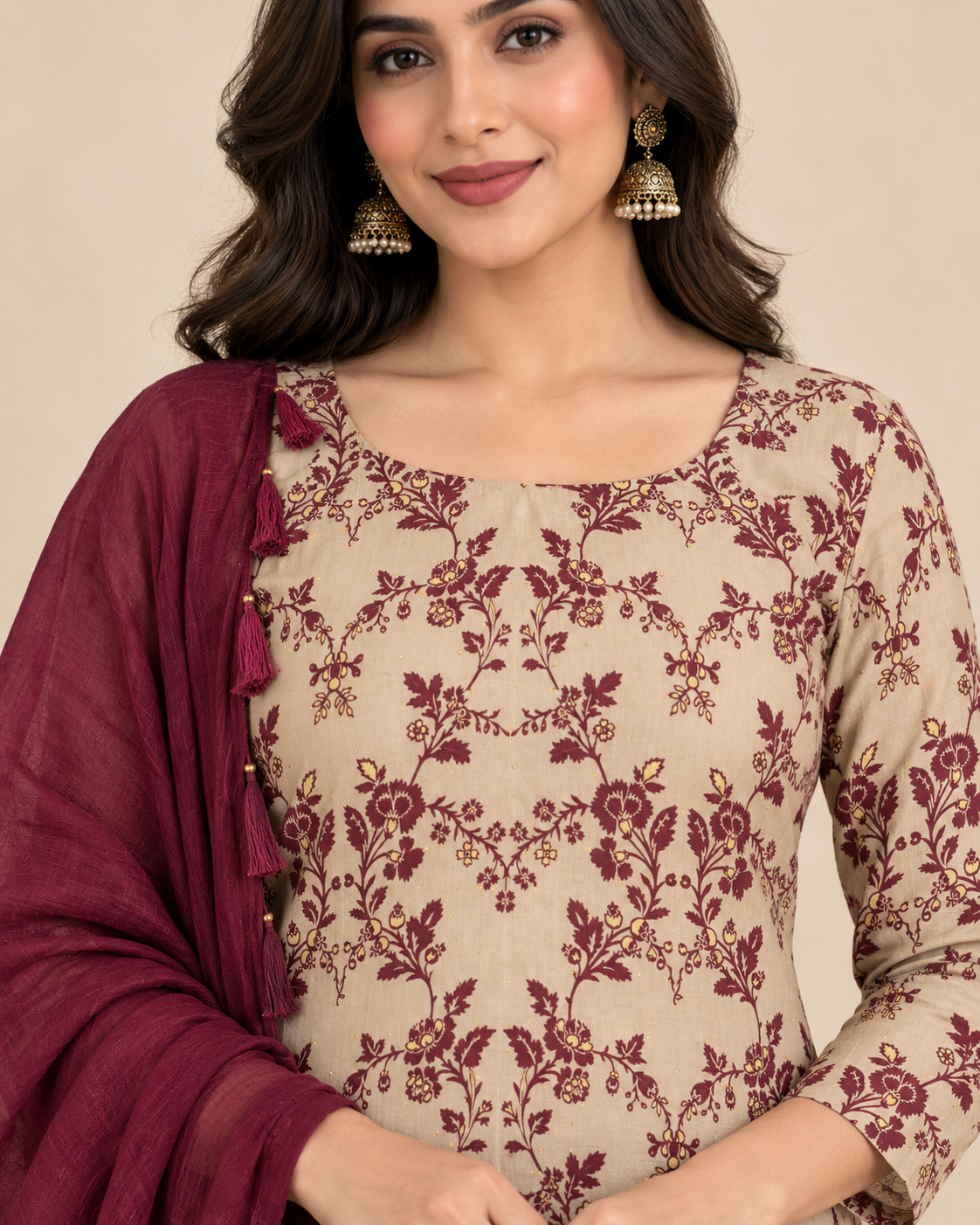 A woman modeling a beige and maroon floral printed salwar kameez suit with a matching maroon dupatta, shown from the back against a neutral studio backdrop.