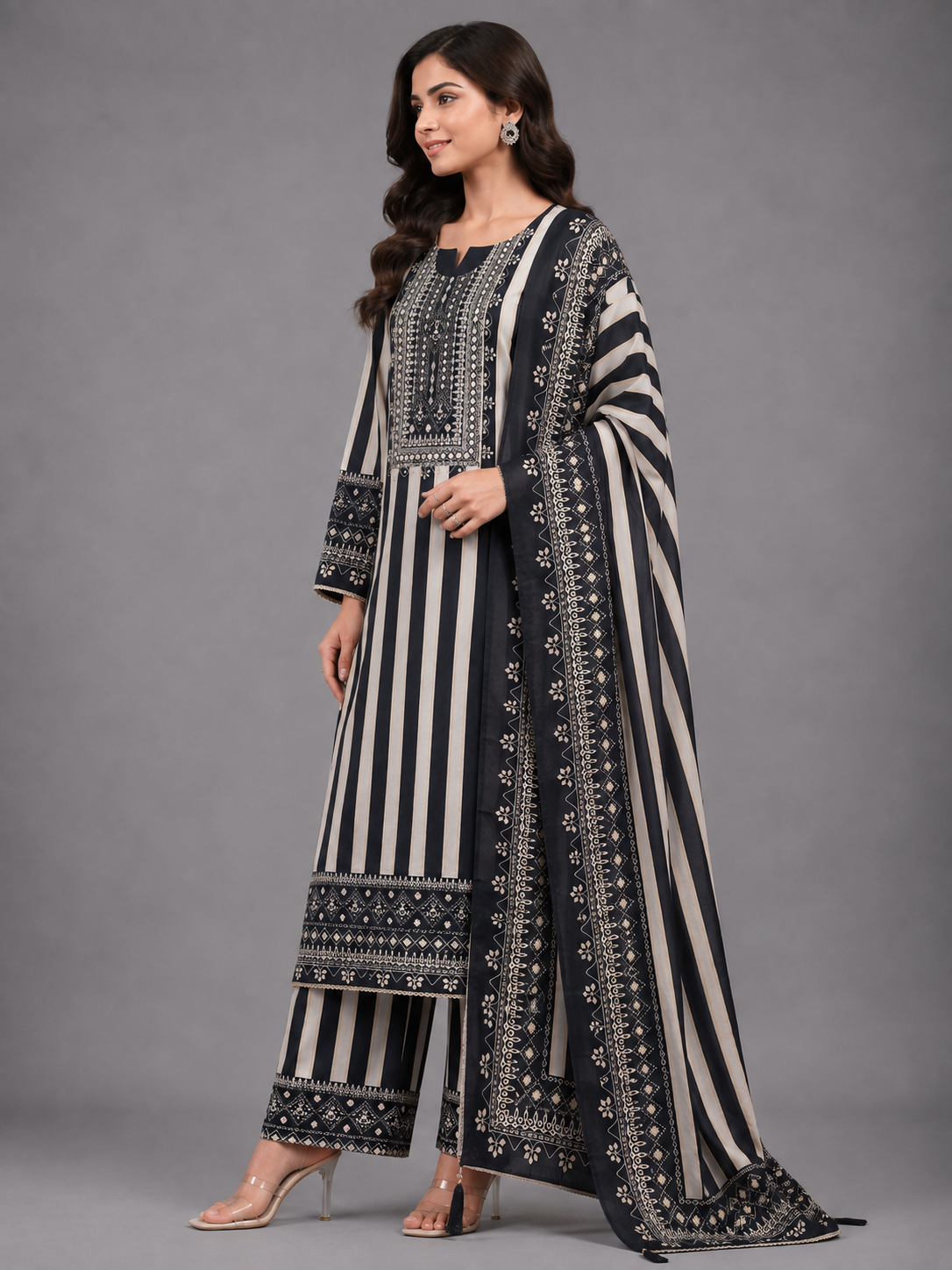 Women Black & Off-White Striped Embroidered Unstitched Suit Set with Matching Dupatta