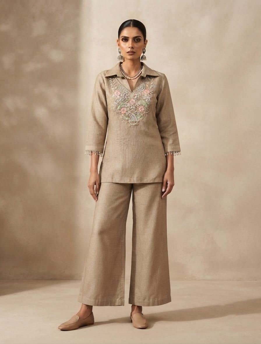 A woman stands against a warm beige textured backdrop wearing a matching beige two-piece outfit with a collared embroidered kurta and wide-leg trousers. The kurta has delicate floral embroidery around the neckline and three-quarter sleeves with ruffled cuffs.