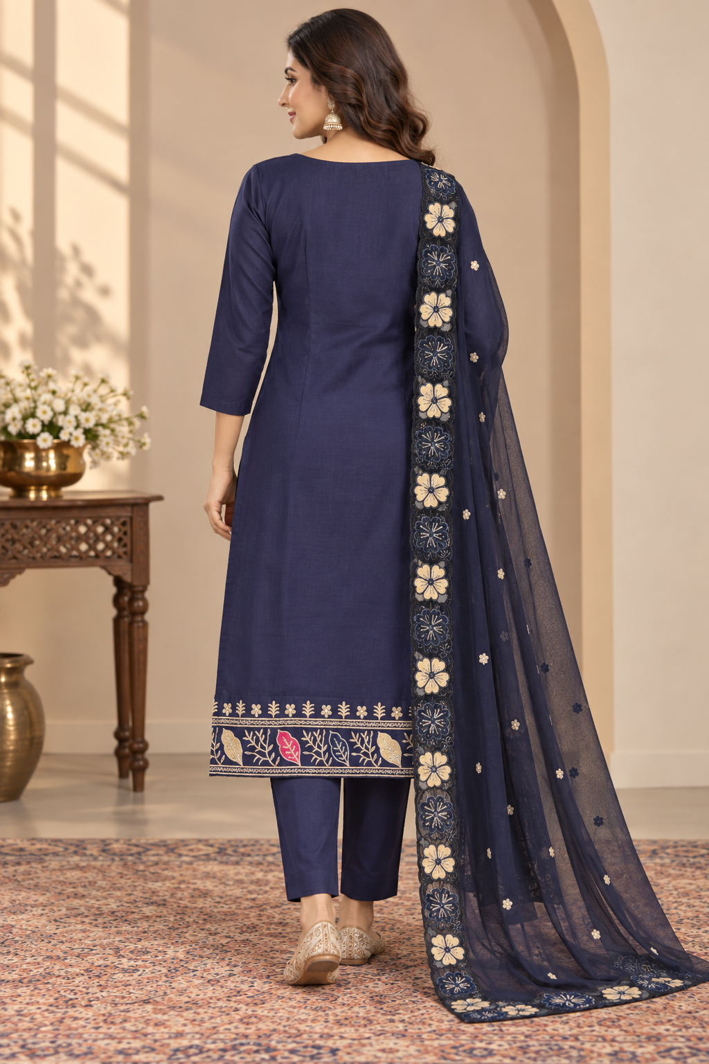Navy Blue Floral Embroidered 3-Piece Suit Set, Floral Embroidery Kurta with Matching Pant & Dupatta