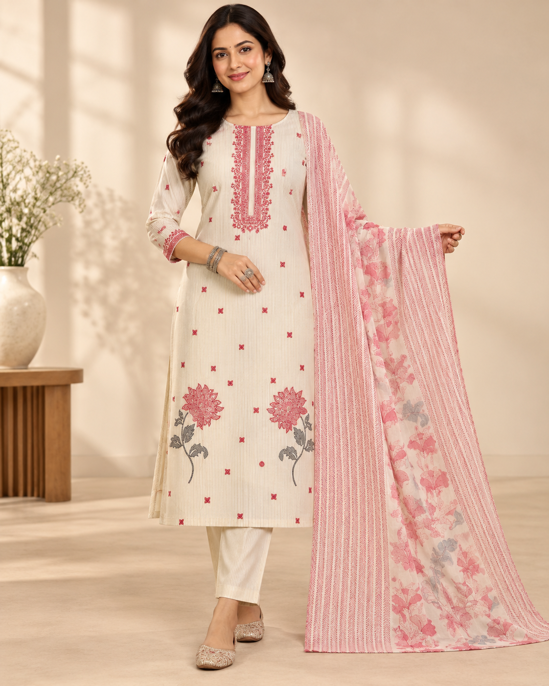 Women’s Cream and Pink Embroidered Unstitched Salwar Suit Set with Floral Printed Dupatta | 3 Piece Ethnic Dress Material for Women