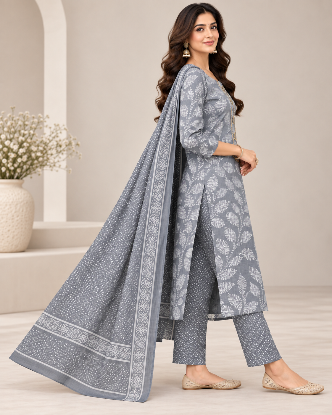 Women Grey Floral Printed Unstitched 3-Piece Suit Set with Printed Kurta, Matching Bottom & Dupatta