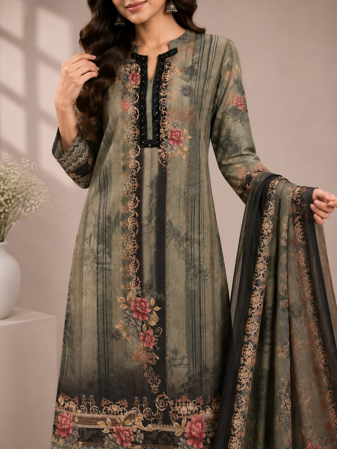 Women’s Olive Green Floral Printed Jam Satin Unstitched Suit Set with Embroidered Neck, Matching Bottom & Printed Dupatta