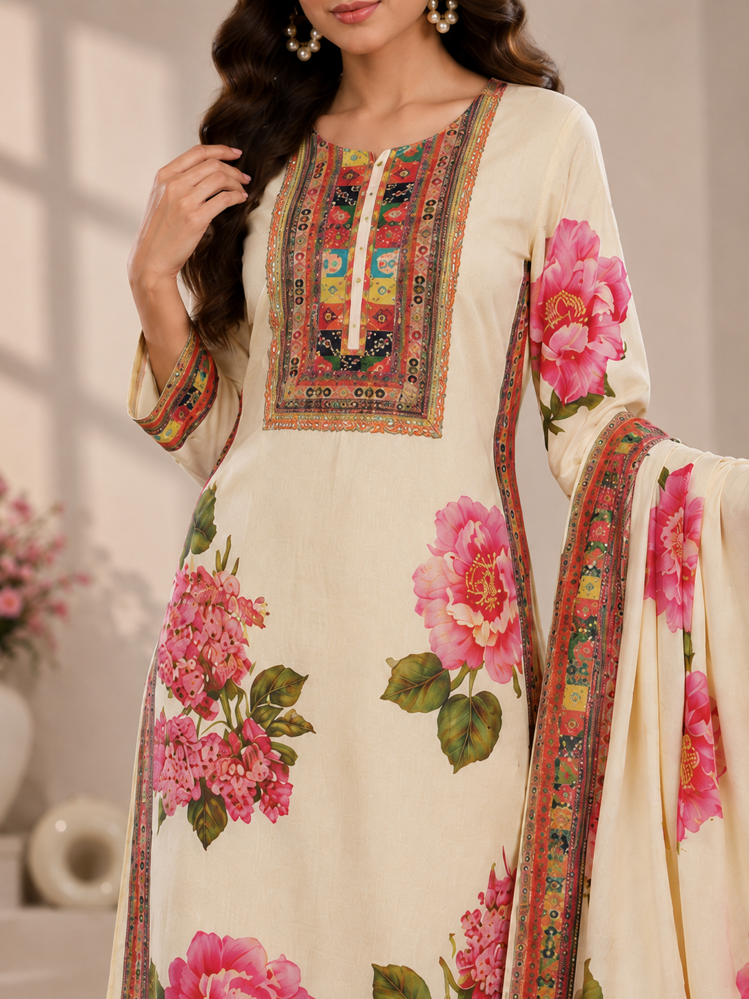 Women’s Floral Printed Jam Satin Unstitched Suit Set with Embroidered Neck & Matching Dupatta