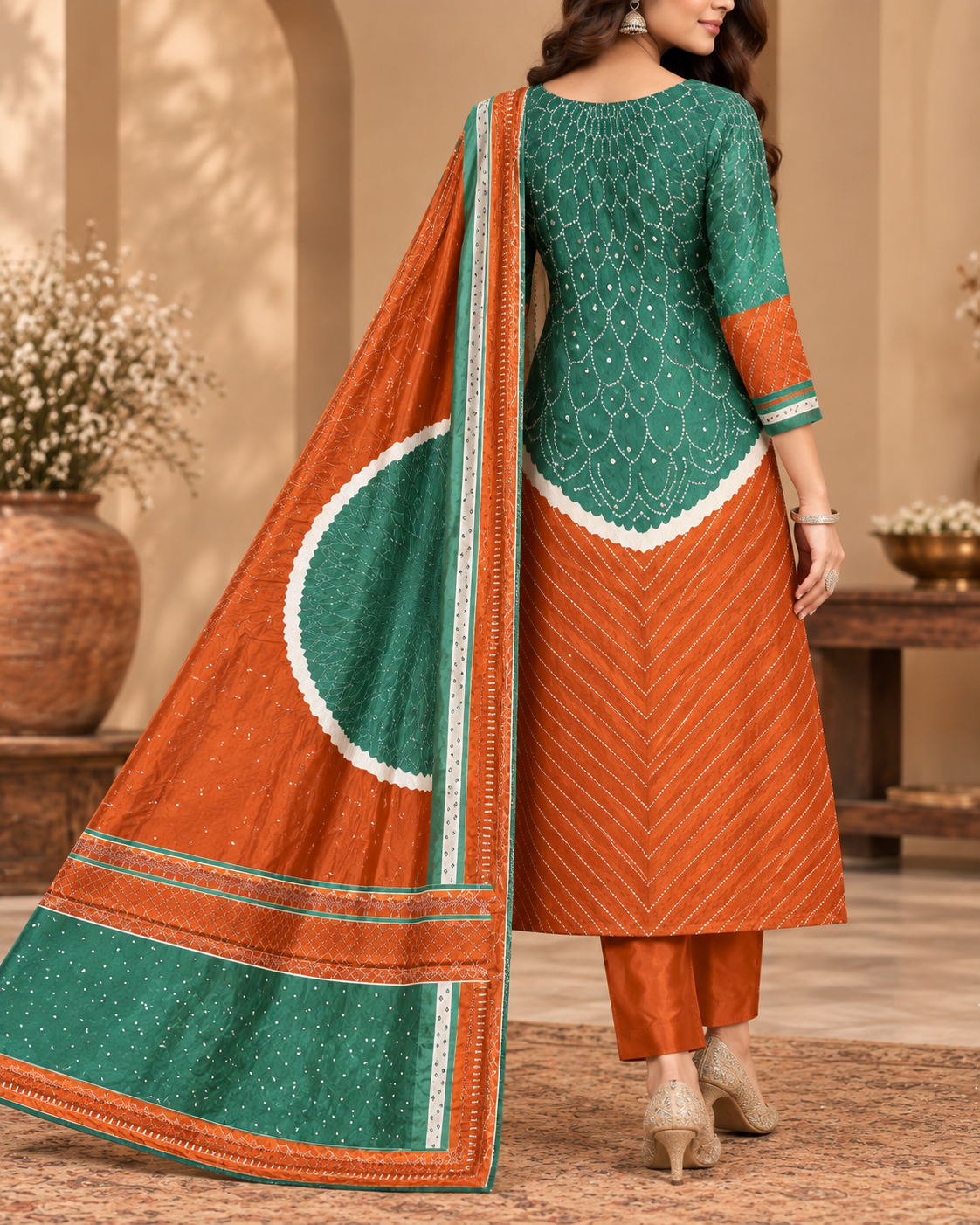 A woman models a traditional Indian salwar kameez suit set in a warm, neutral indoor setting. The set features a teal green embroidered kameez top, matching orange trousers, and a coordinating orange dupatta with a large teal circular motif and white border details.