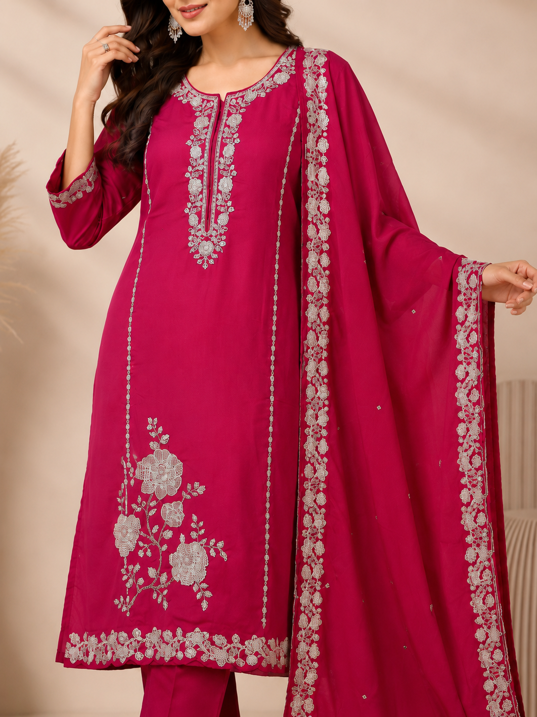 A woman models a magenta pink ethnic salwar kameez suit with silver floral embroidery and a matching dupatta, set against a neutral beige background.