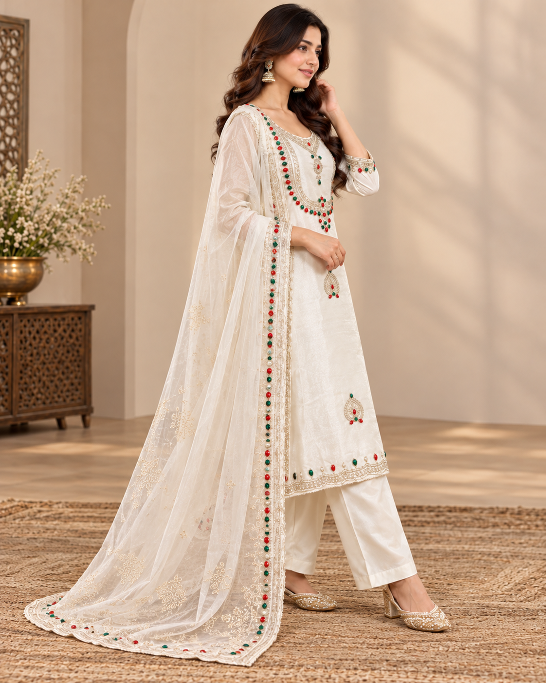 Elegant White Embroidered Readymade Suit Set with Matching Bottom & Dupatta | Party Wear Salwar Suit for Women