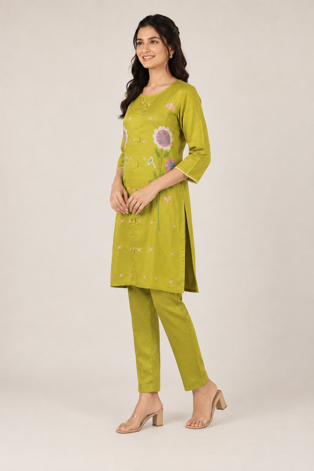 Women’s Olive Green Floral Embroidered Mul Chanderi Co-ord Set