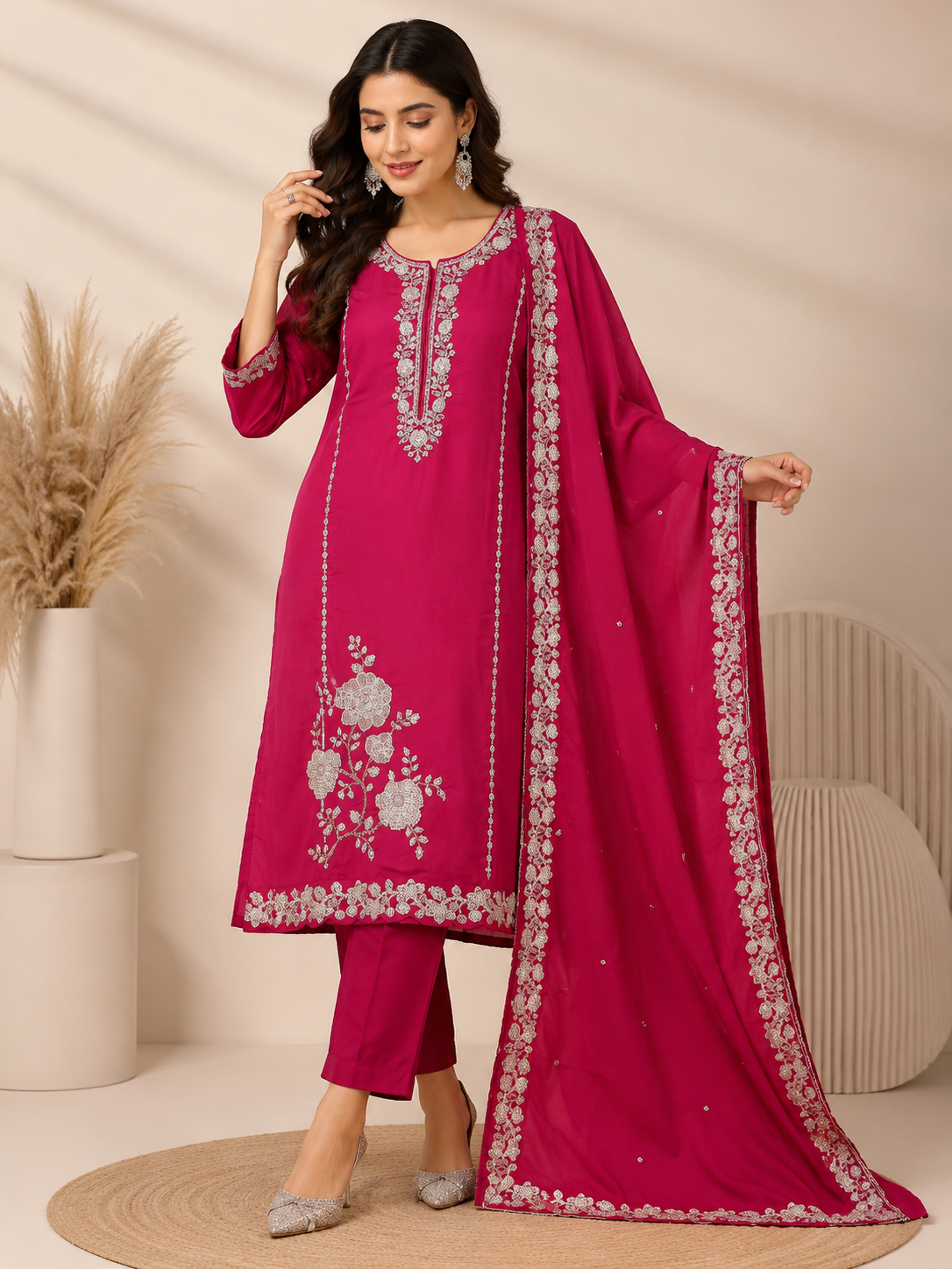 A woman models a magenta pink ethnic salwar kameez suit with silver floral embroidery and a matching dupatta, set against a neutral beige background.