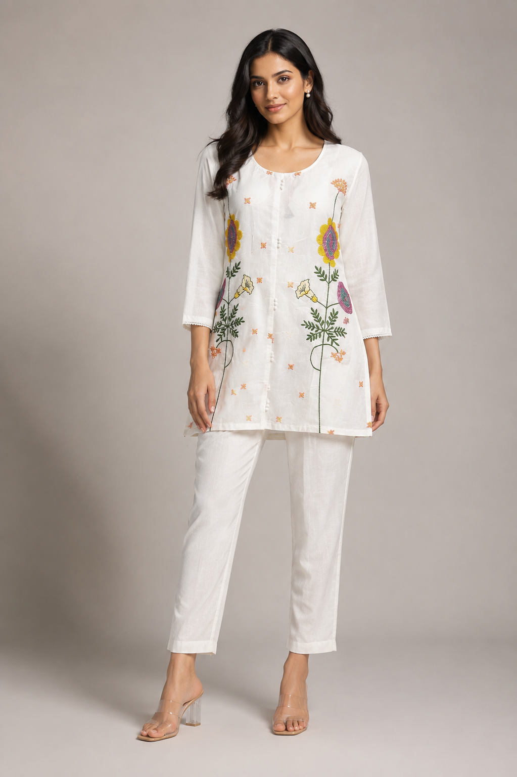 Women’s White Floral Embroidered Mul Chanderi Co-Ord Set with Matching Pants