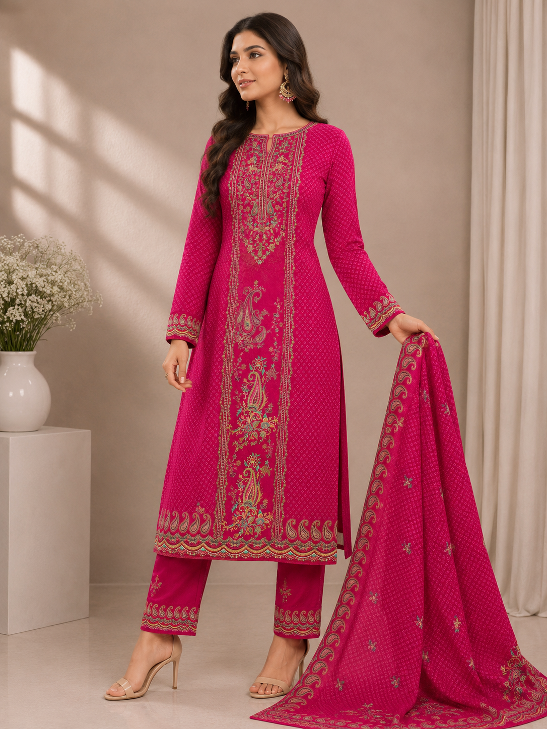 Women’s Magenta Printed Unstitched Suit Set with Designer Kurta, Matching Pants & Dupatta