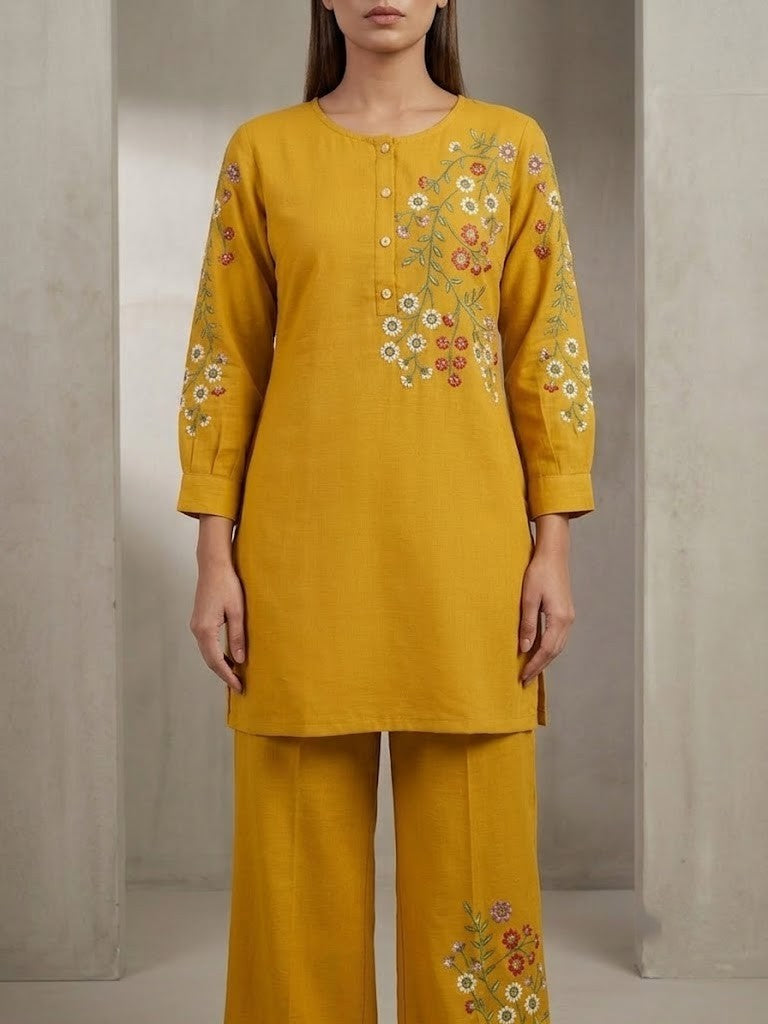 A woman modeling a mustard yellow two-piece kurta and trouser set with colorful floral embroidery on the sleeves and lower pant leg, standing in a minimalist concrete-walled studio.